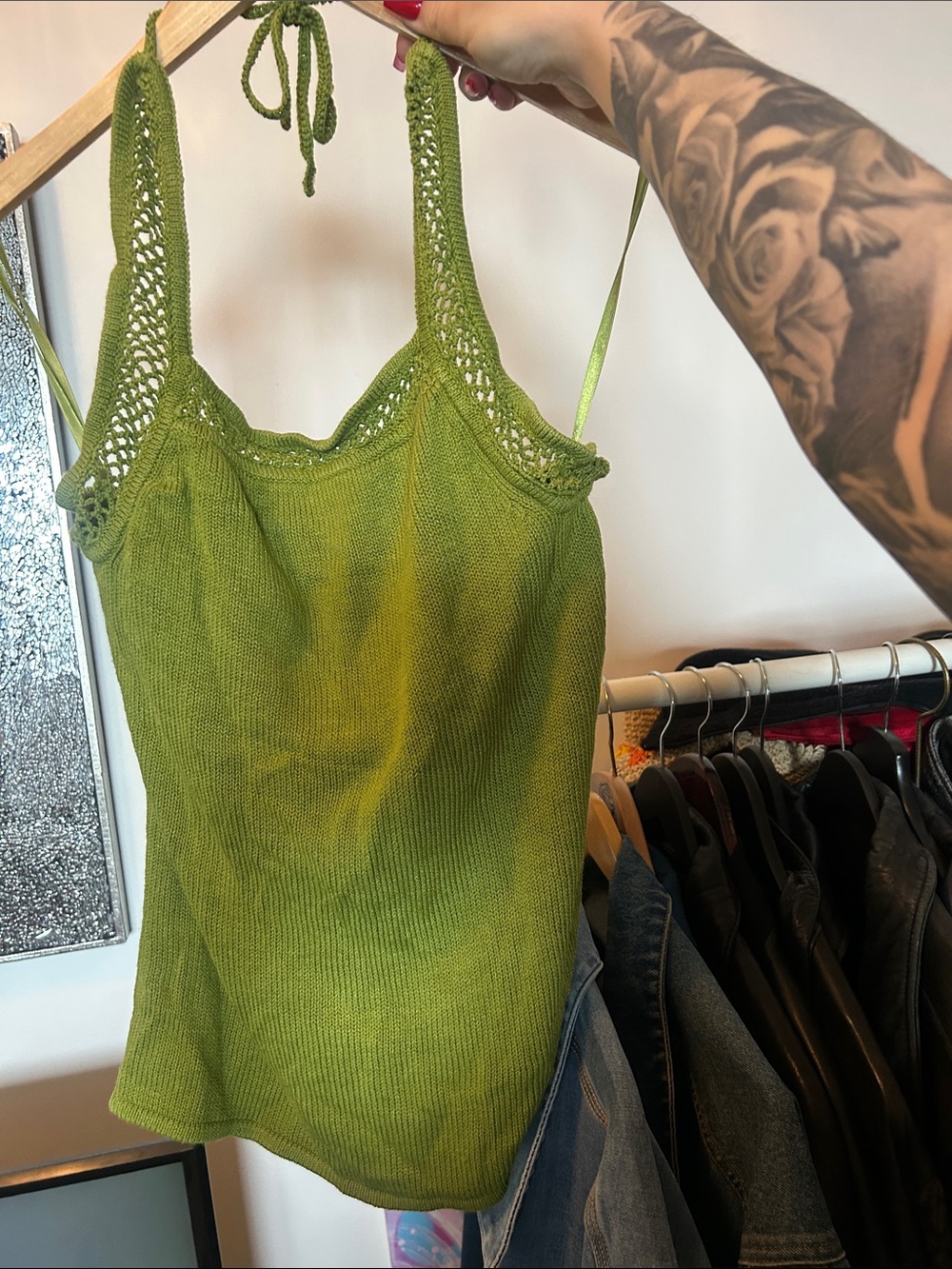 Green Knit Silk Halter Tank Top - Lined